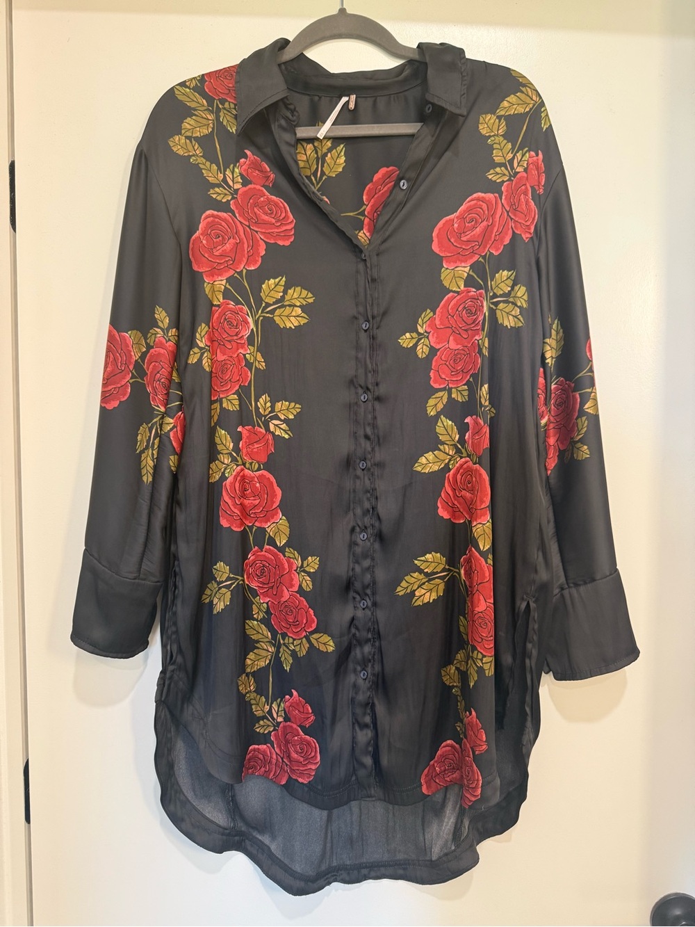 Free People Black Button-Front Floral Tunic with Red Roses & Gold Leaves